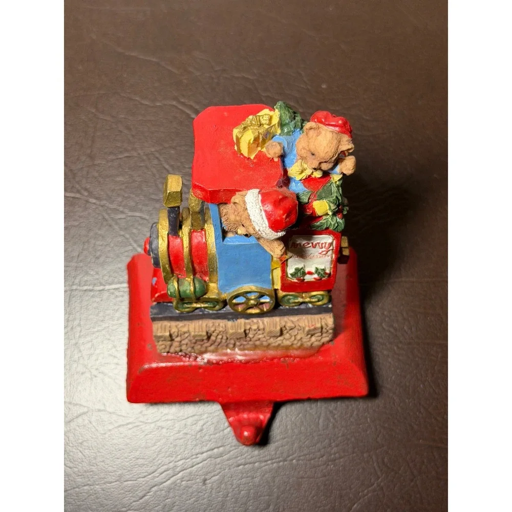 Vintage Christmas Train Teddy Bear Stocking Holder Cast Iron Red Blue Holiday